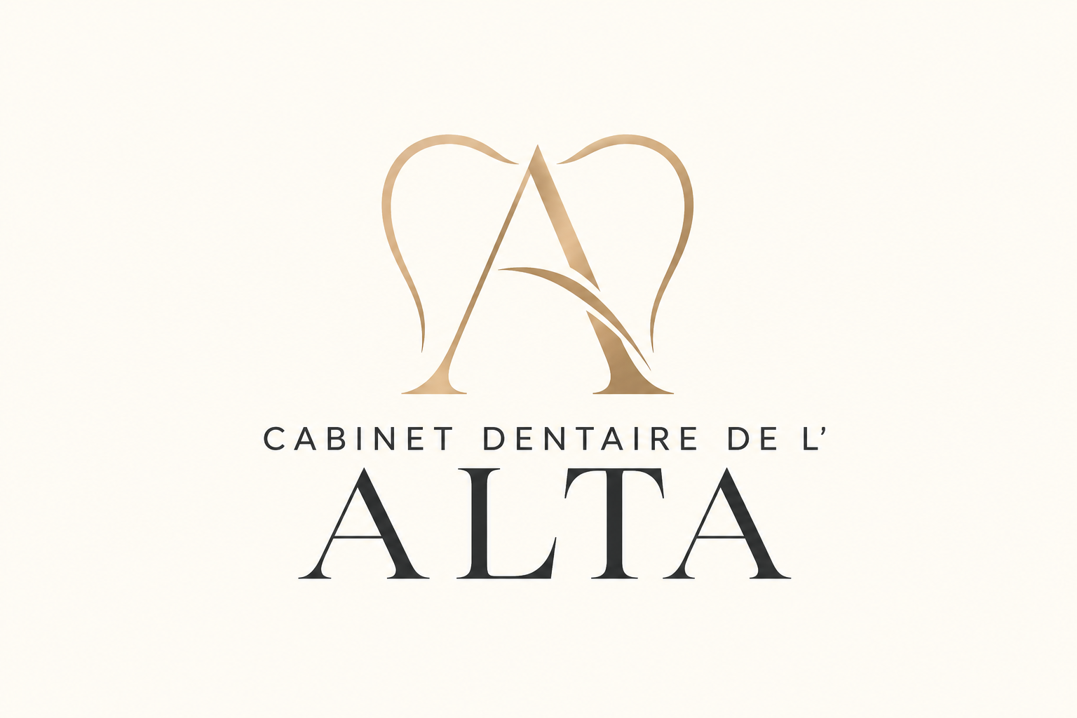 Logo du Cabinet dentaire de l’Alta, monogramme A doré associé à une silhouette de dent